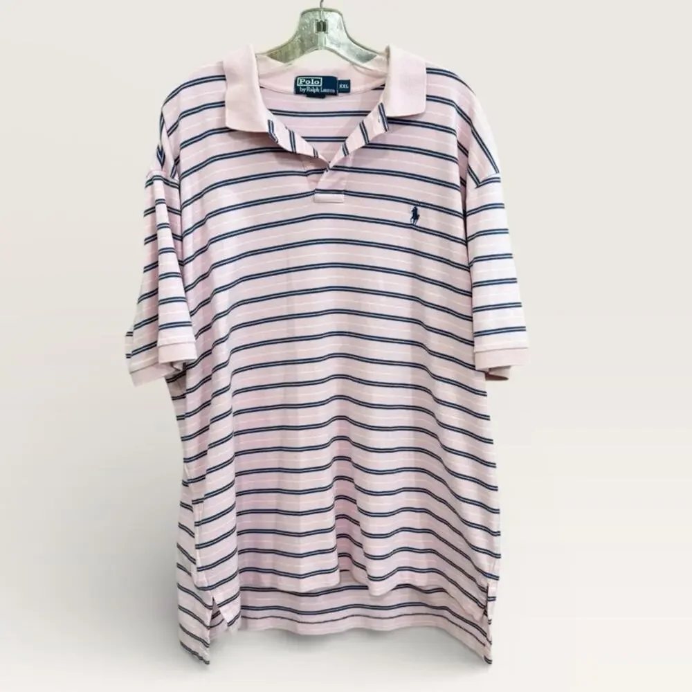 Ralph Lauren Polo Mens Size XXL Pink Navy Stripe Smooth Cotton Preppy Classic